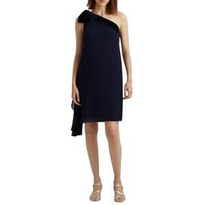 Ralph Lauren Velvet Chiffon One Shoulder Shift Cocktail Dress Navy Blue Size 4
